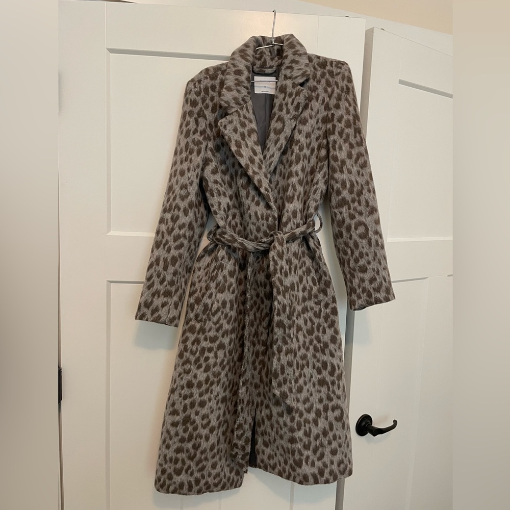 Old Navy Oversized Soft-Brushed Blue Leopard Print Tie-Belt Coat | sz XS